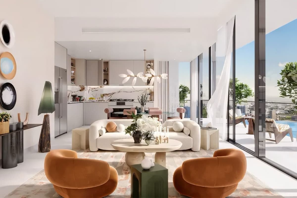Bright open-plan Dubai apartment interior with terrace access